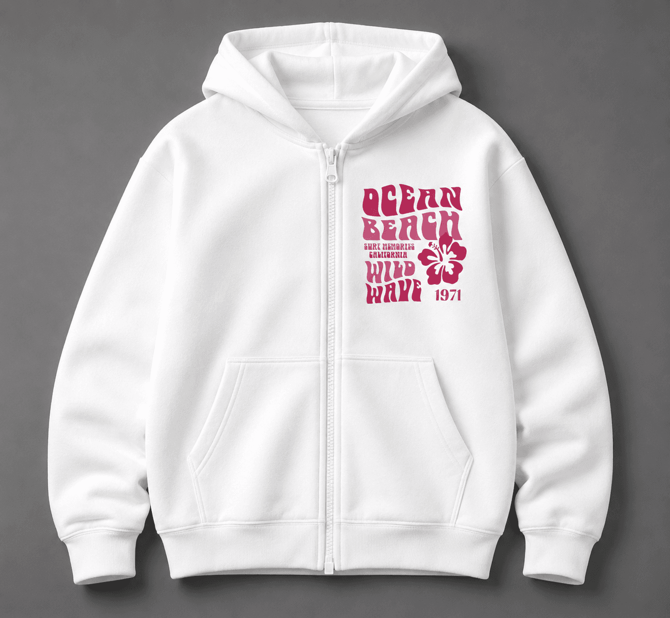 Hoodie Zip-Up Ocean Beach Wild Wave 1971 – Blanco Retro Surf