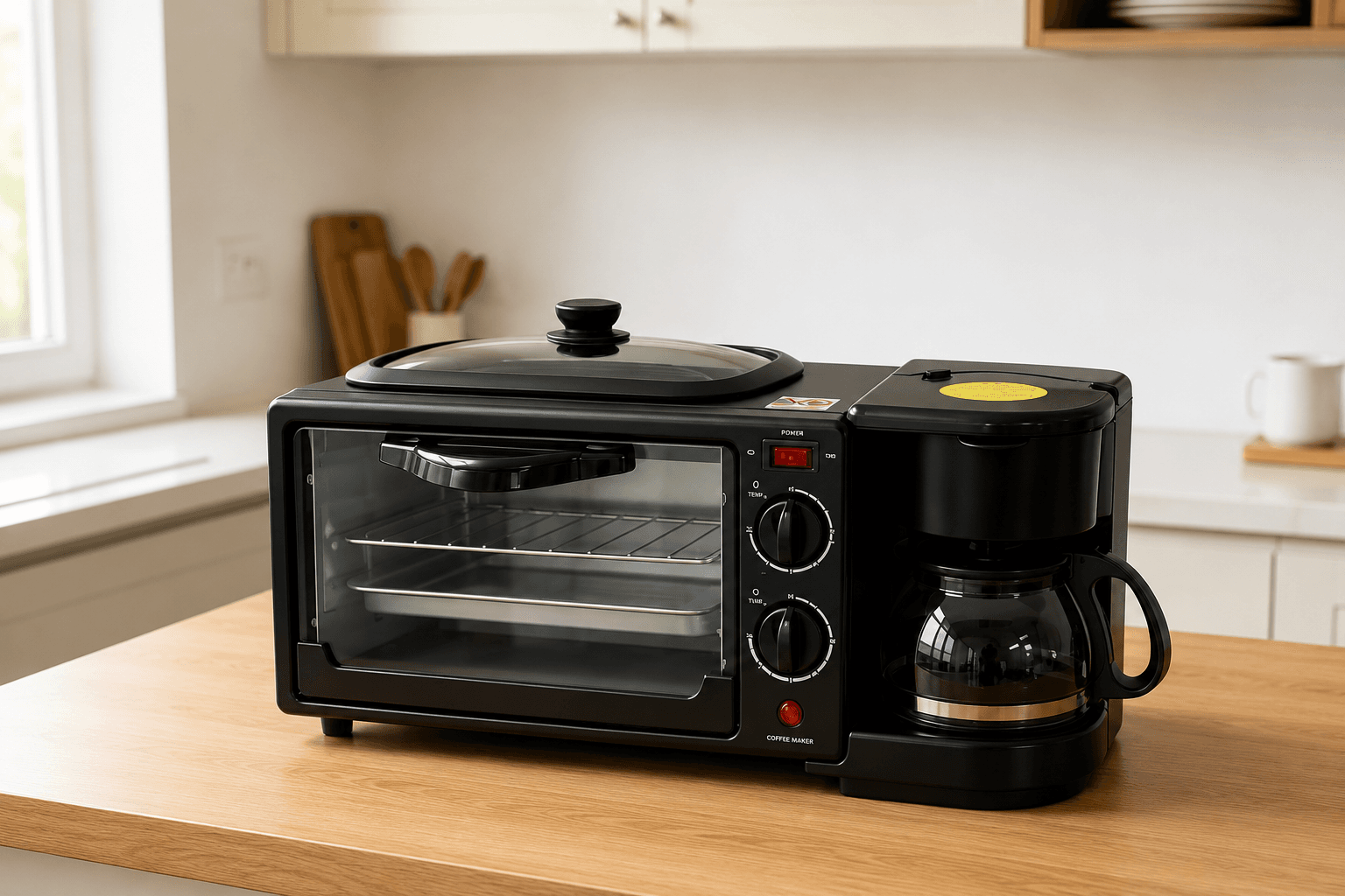 #2M-Centro de Cocina Multifuncional 3 en 1 – Horno Eléctrico, Cafetera y Sartén Integrados