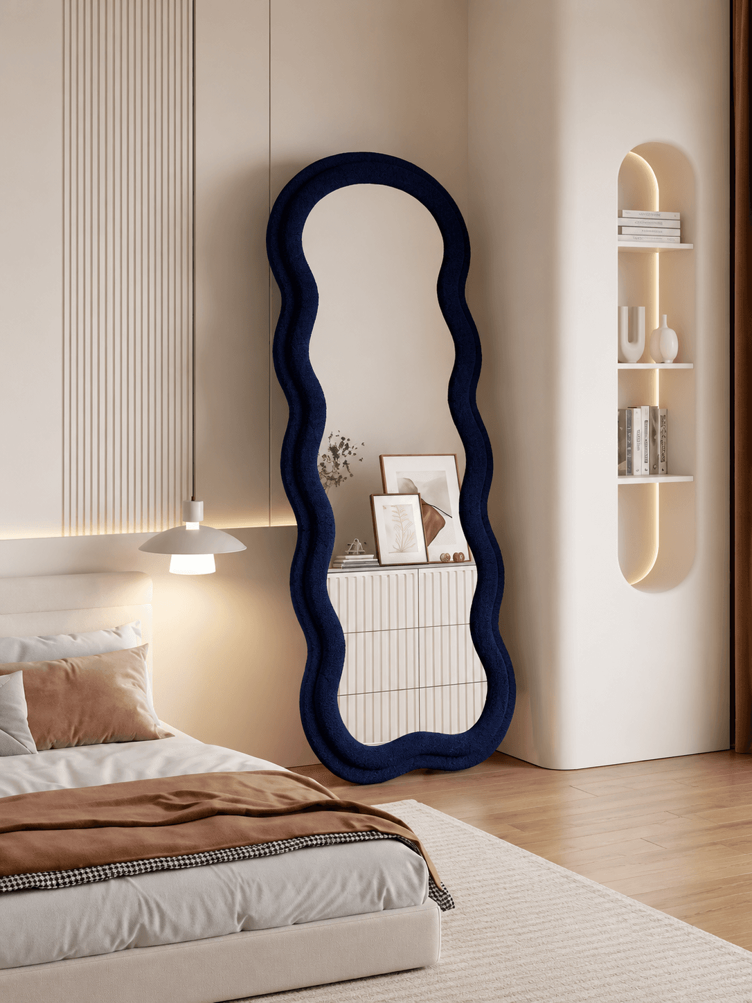 #2M-Espejo de Piso Decorativo con Marco Ondulado – Diseño Moderno de Cuerpo Completo