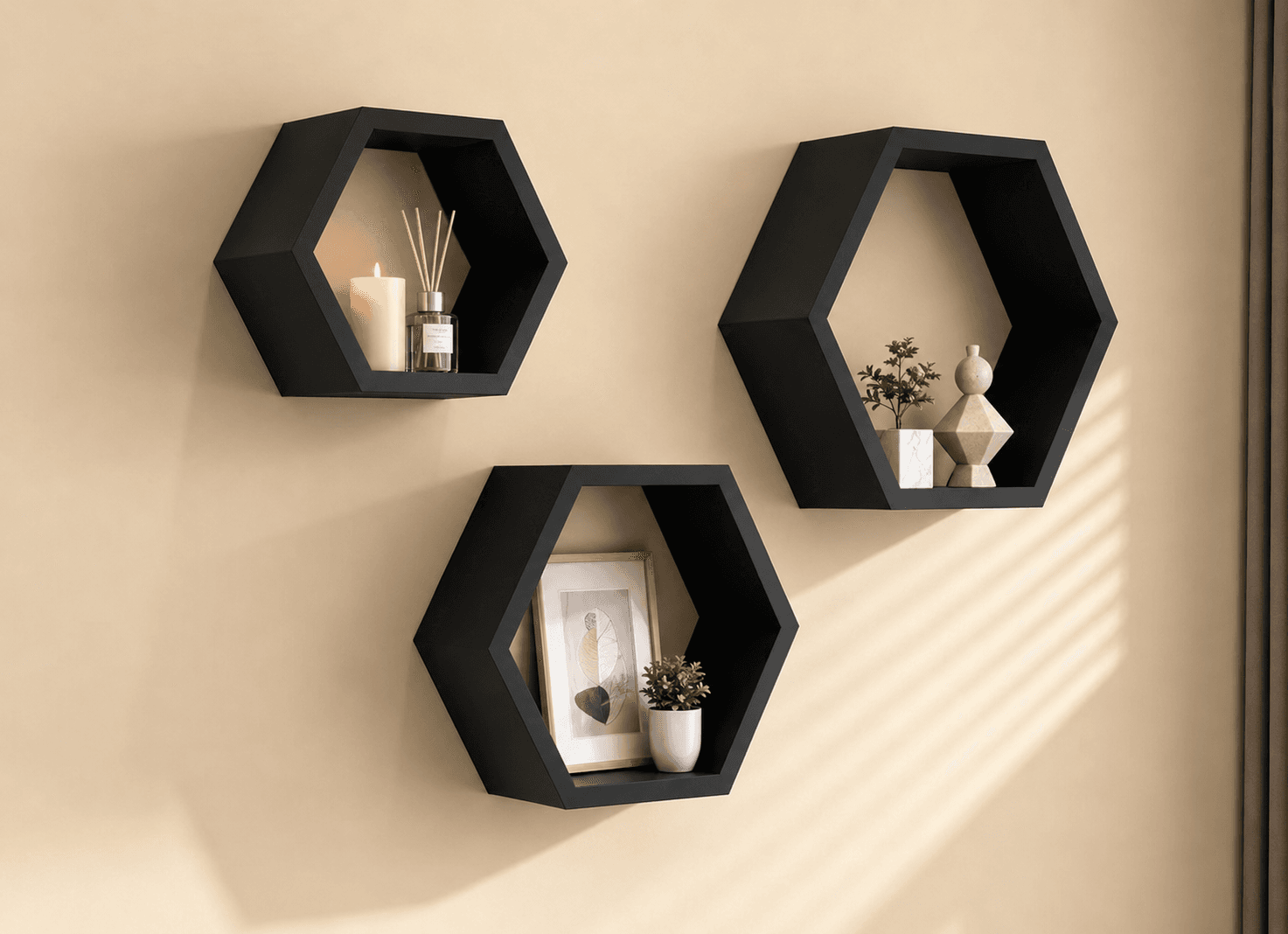 #2M-Set de Repisas Flotantes Hexagonales – 3 Piezas Decorativas para Pared