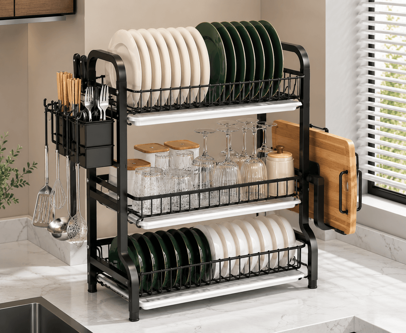 #2M-Escurridor de Vajillas de 3 Niveles – Organizador Multifuncional para Cocina