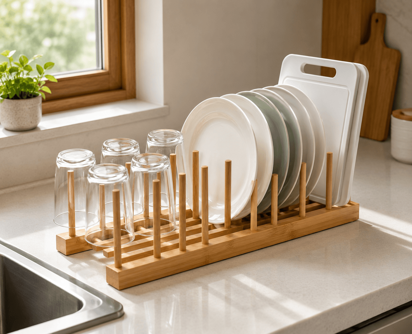 #2M-Soporte Organizador para Vasos y Platos de Bambú